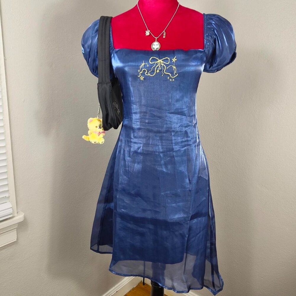 Sixth Dimension Satin Blue Bow Embroidery Asymmetrical Corset Back Dress Large